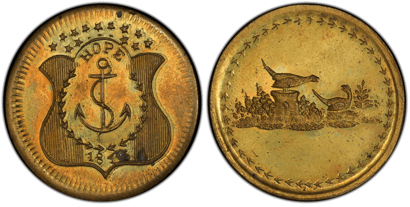 (1860-65) Brass Civil War Patriotic Token F-481/489b, Hope/Game Birds