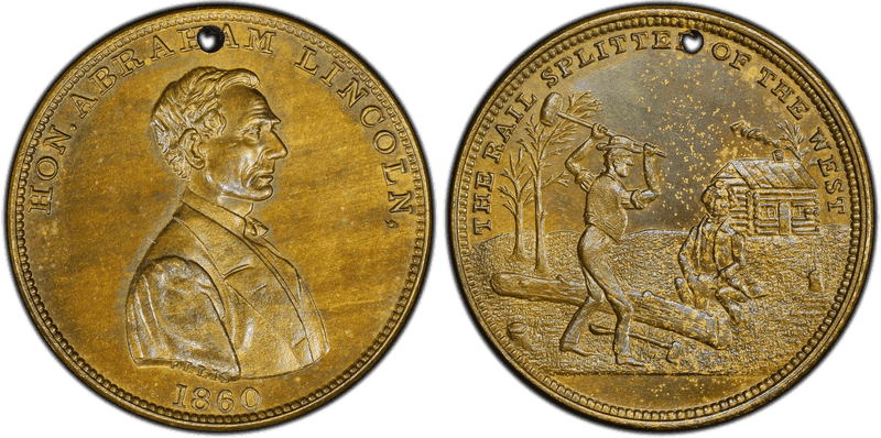 (1860) Bronze Token DeWitt AL-1860-41, Pierced Rail Splitter of the West Campaign