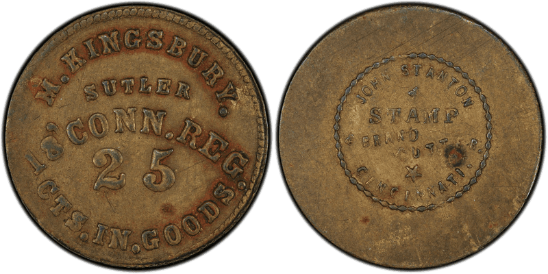(1861-65) Brass Civil War Sutler Token S-A25B, M. Kingsbury-John Stanton
