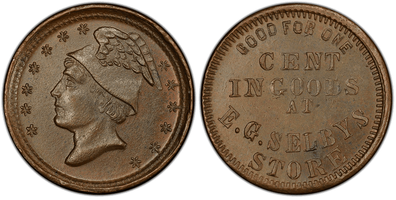 (1861-65) Copper Civil War Store Card F-100B-5a, E.G. Selbys OH