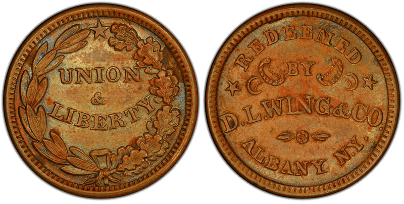 (1861-65) Copper Civil War Store Card F-10H-9a, D.L. Wing & Co. NY