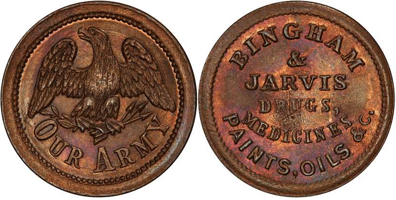 (1861-65) Copper Civil War Store Card F-145A-1a, Thin Plan Bingham & Jarvis NY