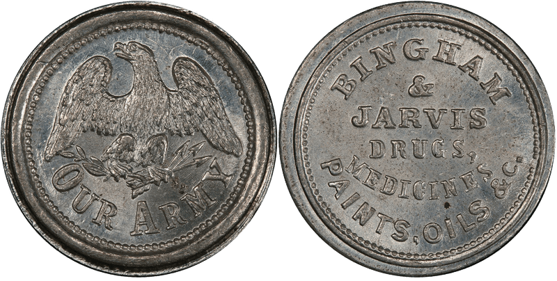 (1861-65) White Metal Civil War Store Card F-145A-1e, Bingham & Jarvis NY