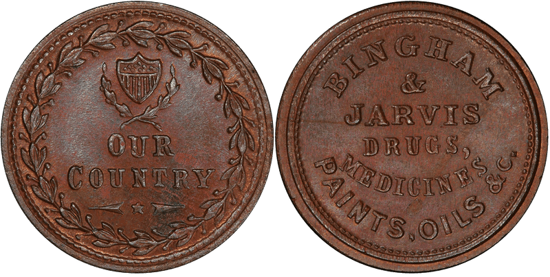 (1861-65) Copper Civil War Store Card F-145A-2a, Bingham & Jarvis NY