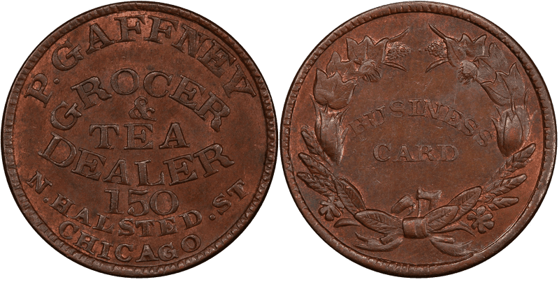 (1861-65) Copper Civil War Store Card F-150X-1a, P. Gaffney IL
