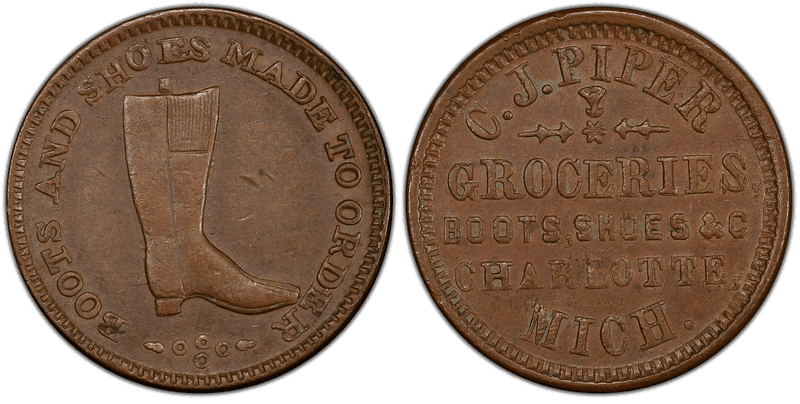 (1861-65) Copper Civil War Store Card F-160D-1, C.J. Piper MI