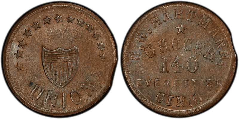 (1861-65) Copper Civil War Store Card F-165BN-1a, G.G. Hartmann OH