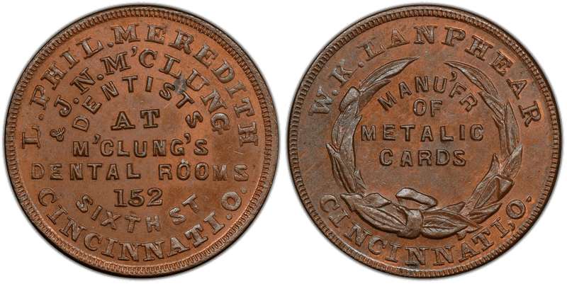 (1861-65) Copper Civil War Store Card F-165DN-2a, L. Phil Meredith & J.N. M'Clung OH