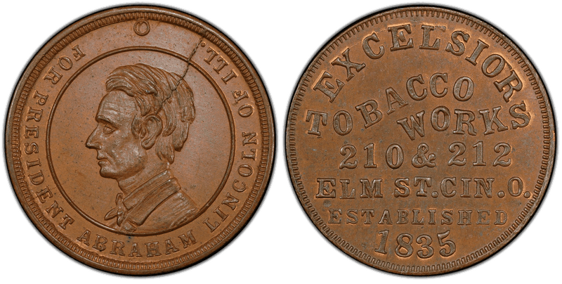 (1861-65) Copper Civil War Store Card F-165GI-9a, Excelsior Tobacco Works OH