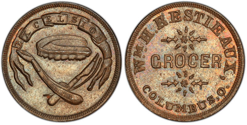 (1861-65) Copper Civil War Store Card F-200F-3a, Wm. H. Restieaux OH