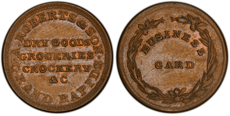 (1861-65) Copper Civil War Store Card F-370K-3a, A. Roberts & Son MI