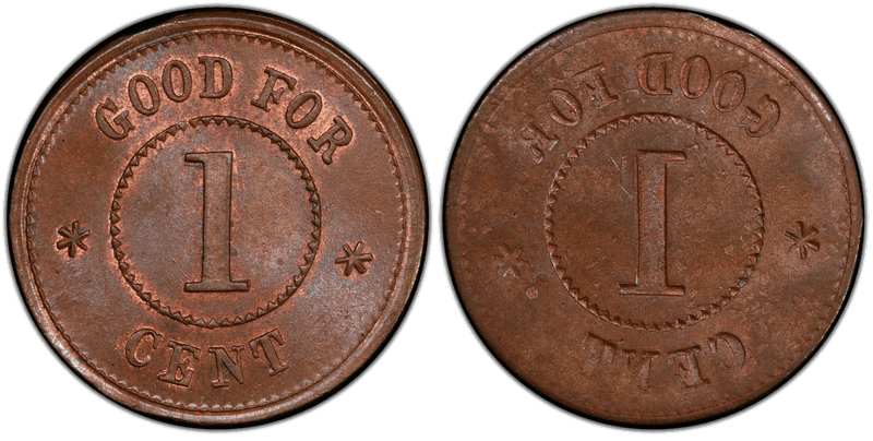 (1861-65) Copper Civil War Store Card F-393a, Full Brockage Good For 1 Cent