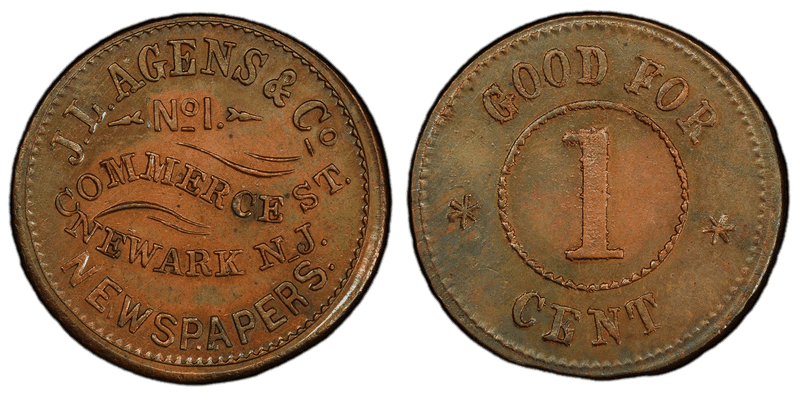 (1861-65) Copper Civil War Store Card F-555A-8a, J.L. Agens & Co. NJ