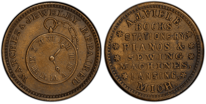 (1861-65) Copper Civil War Store Card F-560B-3b, A.J. Viele MI