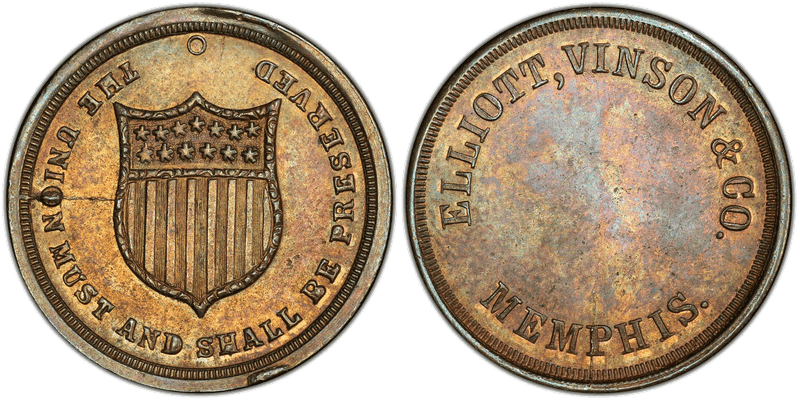 (1861-65) Copper Civil War Store Card F-600B-7a, Elliot, Vinson & Co. TN
