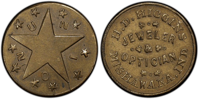 (1861-65) Brass Civil War Store Card F-630A-12b, H.D. Higgins IN