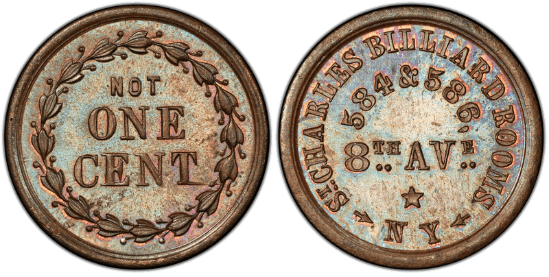 (1861-65) Copper Civil War Store Card F-630BT-3a, St. Charles Billiard Rooms NY