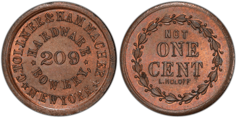 (1861-65) Copper Civil War Store Card F-630BY-1a, C. Tollner & Hammacher NY