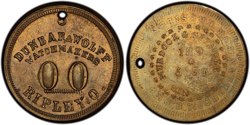 (1861-65) Brass Civil War Store Card F-780A-1bo, Holed Dunbar & Wolff OH
