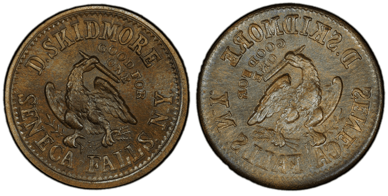 (1861-65) Brass Civil War Store Card F-845A-2b, D. Skidmore, Full Brockage Obv NY