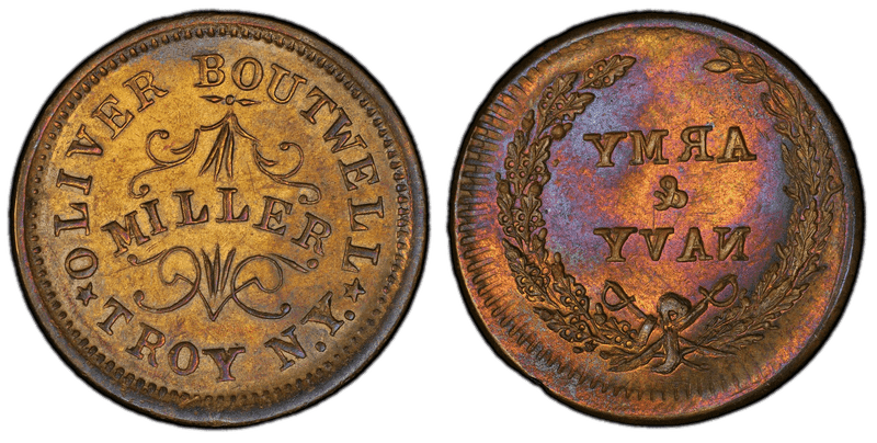 (1861-65) Brass Civil War Store Card F-890B-37b, Rev Brockage of Patriotic, Boutwell NY