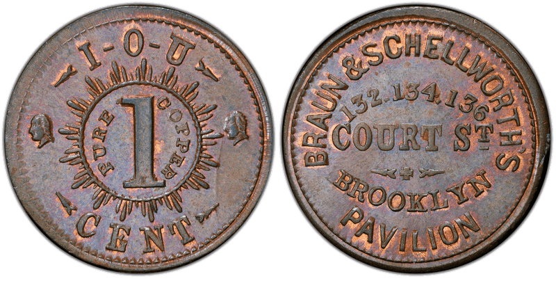 (1861-65) Copper Civil War Store Card F-95A-2a, Braun & Schellworth's NY
