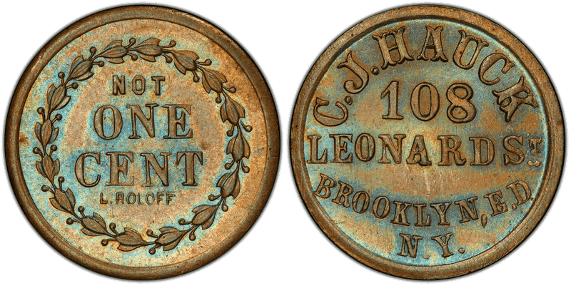 (1861-65) Copper Civil War Store Card F-95B-1a, C.J. Hauck NY