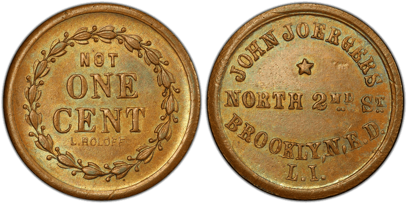 (1861-65) Copper Civil War Store Card F-95E-1a, John Joergers NY