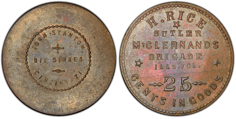 (1861-65) Brass Civil War Sutler Token MB-25B, H. Rice-John Stanton