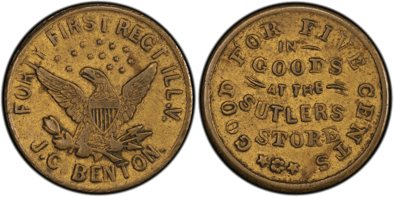 (1861-65) Brass Civil War Sutler Token S-41-5B, J.C. Benton