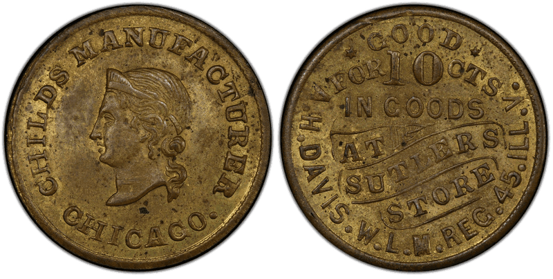 (1861-65) Brass Civil War Sutler Token S-45-10B, A.H. Davis