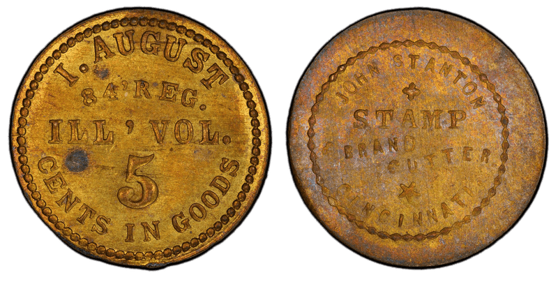 (1861-65) Brass Civil War Sutler Token S-84-5B, I. August-John Stanton
