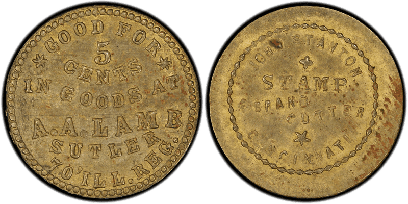 (1861-65) Brass Civil War Sutler Token S-L5B, A.A. Lamb-John Stanton