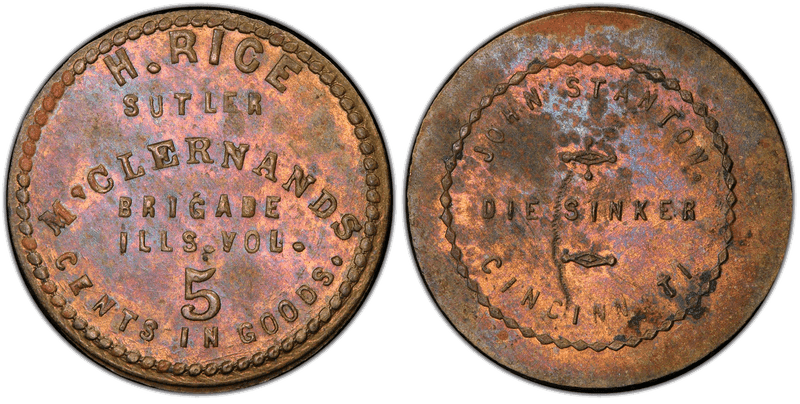 (1861-65) Brass Civil War Sutler Token S-MB-5B, H. Rice-John Stanton