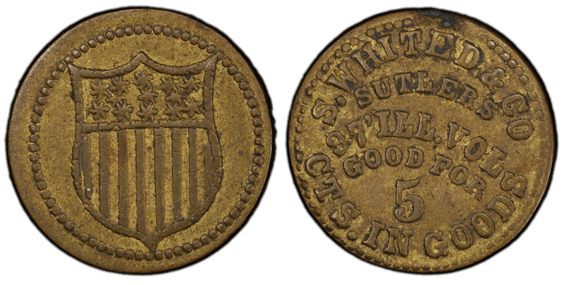 (1861-65) Brass Civil War Sutler Token S-P5B, S. Whited & Co