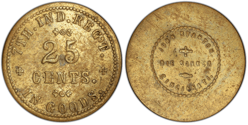 (1861-65) Brass Civil War Sutler Token S-7-25B, 7th In. Regt.