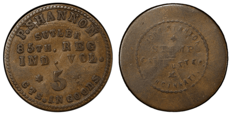 (1861-65) Brass Civil War Sutler Token S-85-5B, P. Shannon