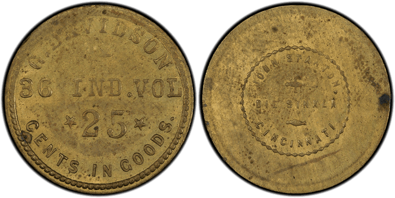 (1861-65) Brass Civil War Sutler Token S-G25B, G. Davidson-John Stanton