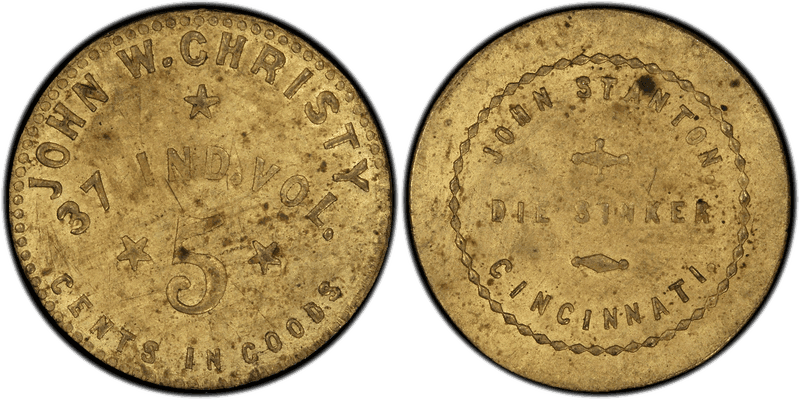 (1861-65) Brass Civil War Sutler Token S-H5B, John W. Christy-John Stanton