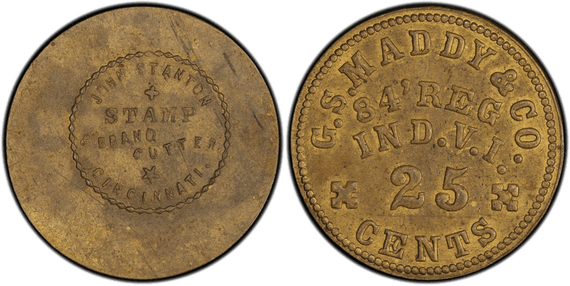 (1861-65) Brass Civil War Sutler Token S-Q25B, G.S. Maddy & Co.