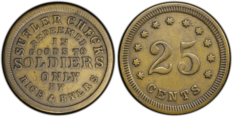 (1861-65) Brass Civil War Sutler Token FS-25B, Rice & Byers