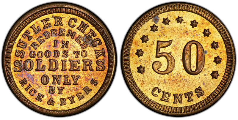 (1861-65) Brass Civil War Sutler Token FS-50B, Rice & Byers