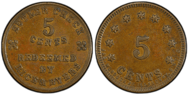 (1861-65) Brass Civil War Sutler Token FS-5B, Rice & Byers