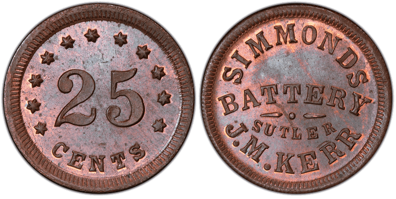 (1861) Copper Civil War Sutler Token S-1-25C, J.M. Kerr-Simmonds Battery