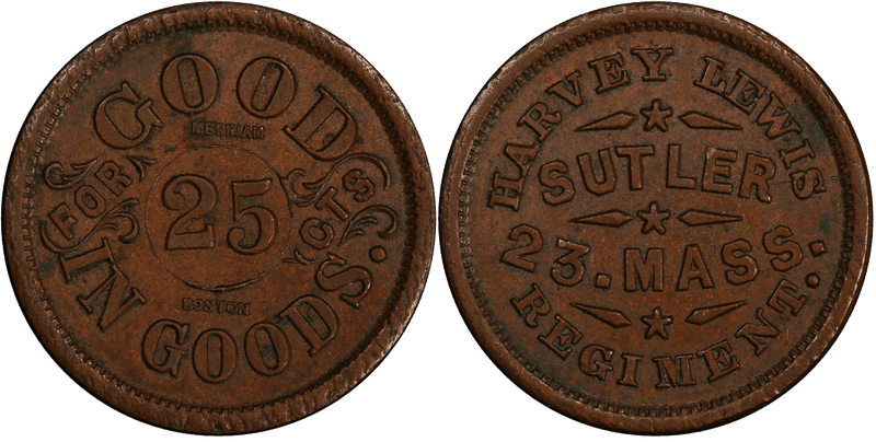 (1861) Copper Civil War Sutler Token S-23-25C, Harvey Lewis