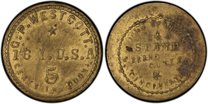 (1861-65) Brass Civil War Sutler Token S-AE5B, G.P. Westcott-John Stanton