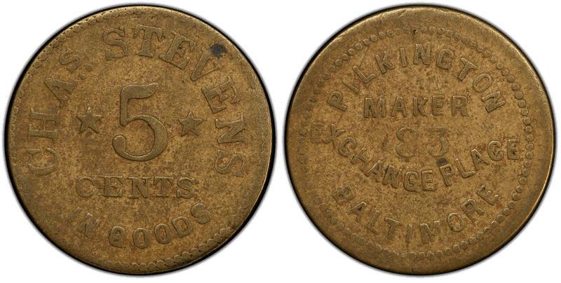 (1861-65) Brass Civil War Sutler Token S-4b-5B, Chas Stevens-Pilkington