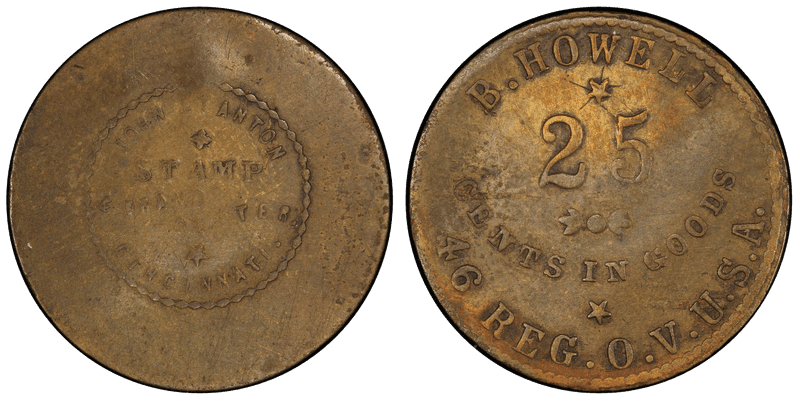 (1861-65) Brass Civil War Sutler Token S-46-25B, B. Howell