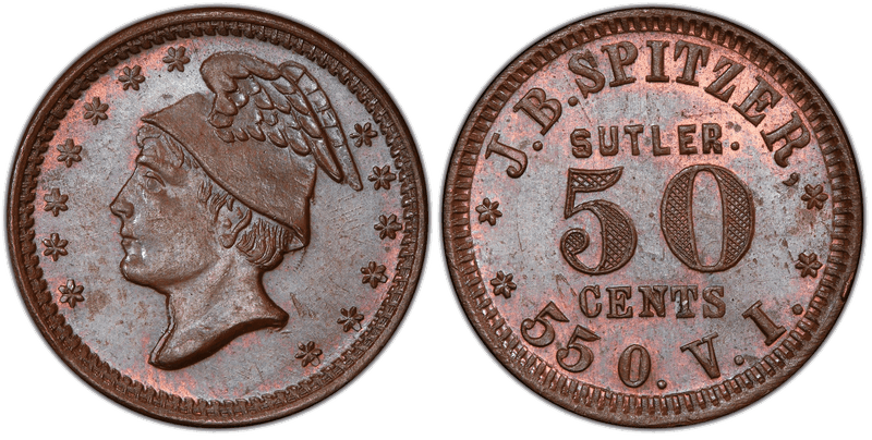 (1861) Copper Civil War Sutler Token S-55a-50C, J.B. Spitzer