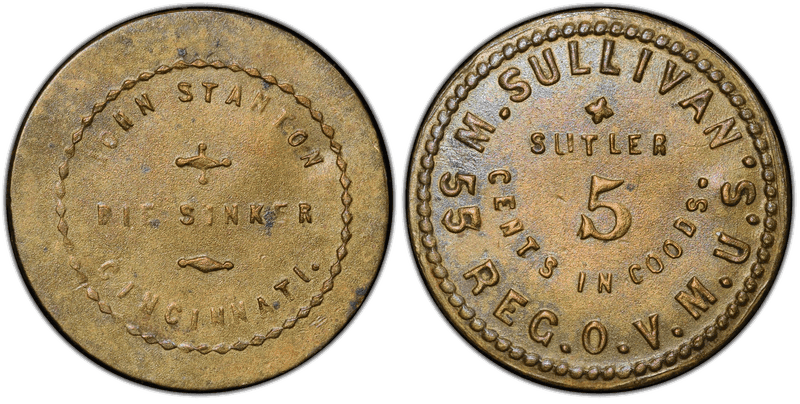 (1861-65) Brass Civil War Sutler Token S-55b-5B, M. Sullivan